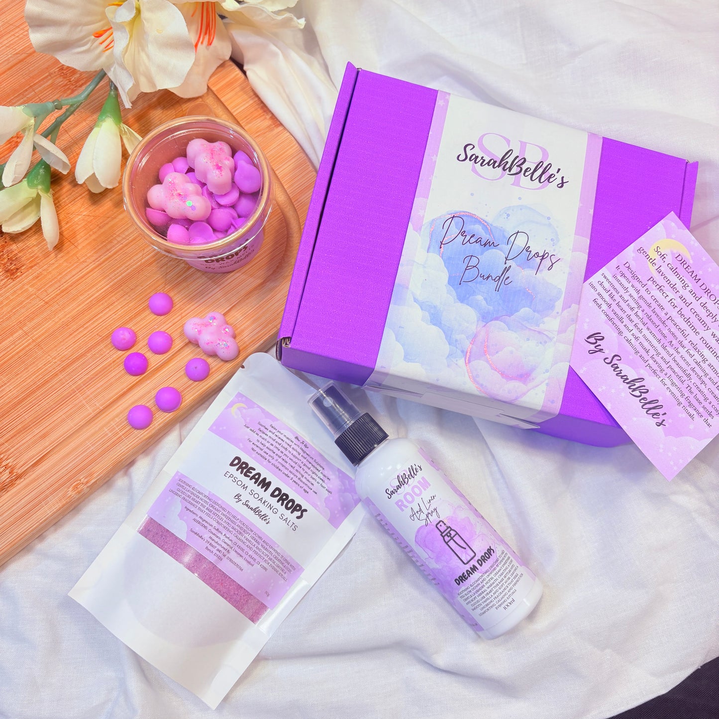 Dream Drops Bundle - Epsom Soaking Salts, Room & Linen Spray, Soy Wax Melts