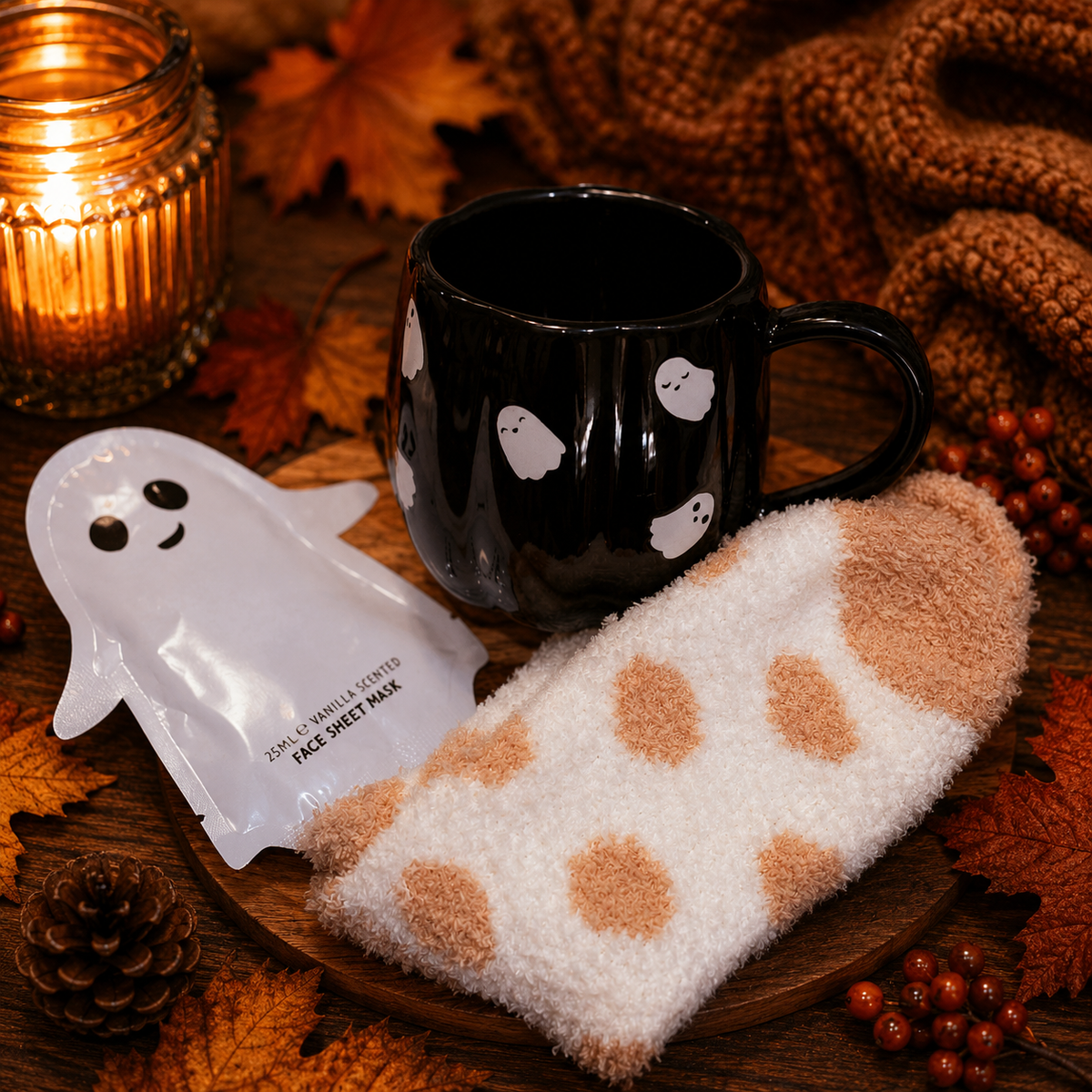 Cosy Little Boo - ghost Mug, Fluffy Socks, Vanilla Sheet Mask