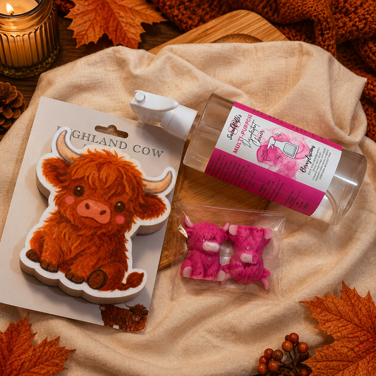 Highland Cow themed Cleaning Bundle - Multipurpose Spray, Wax Melts & Cleaning Sponge